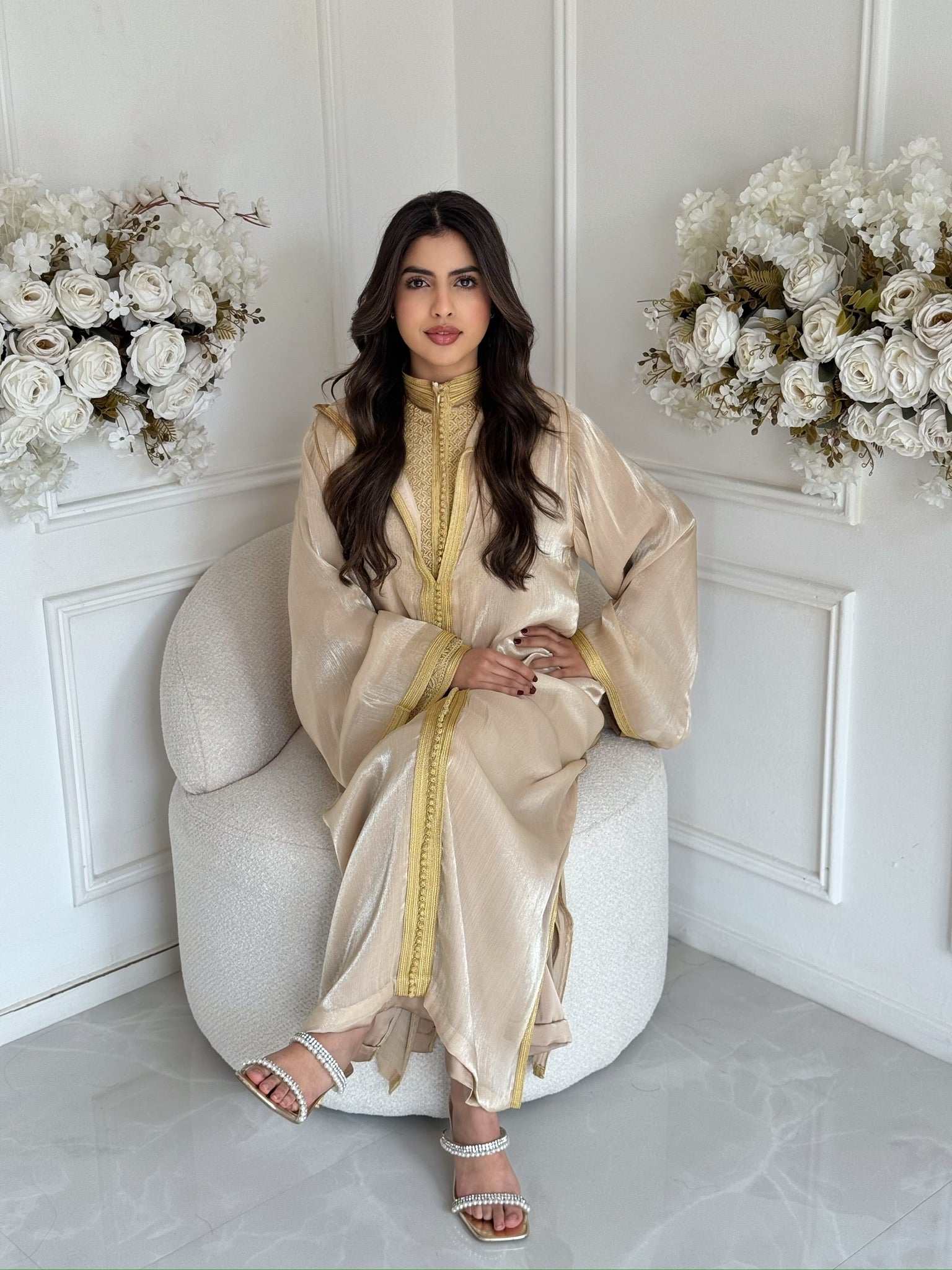 Elegant Moroccan jellaba for women in beige, modest Ramadan outfit