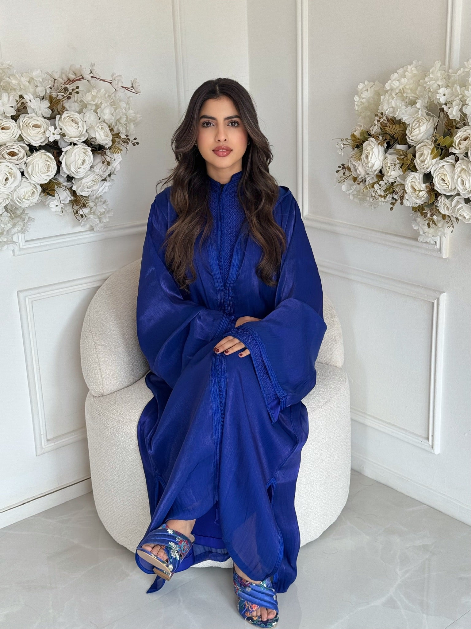 Elegant blue Moroccan jellaba Kenza worn for Eid and Ramadan