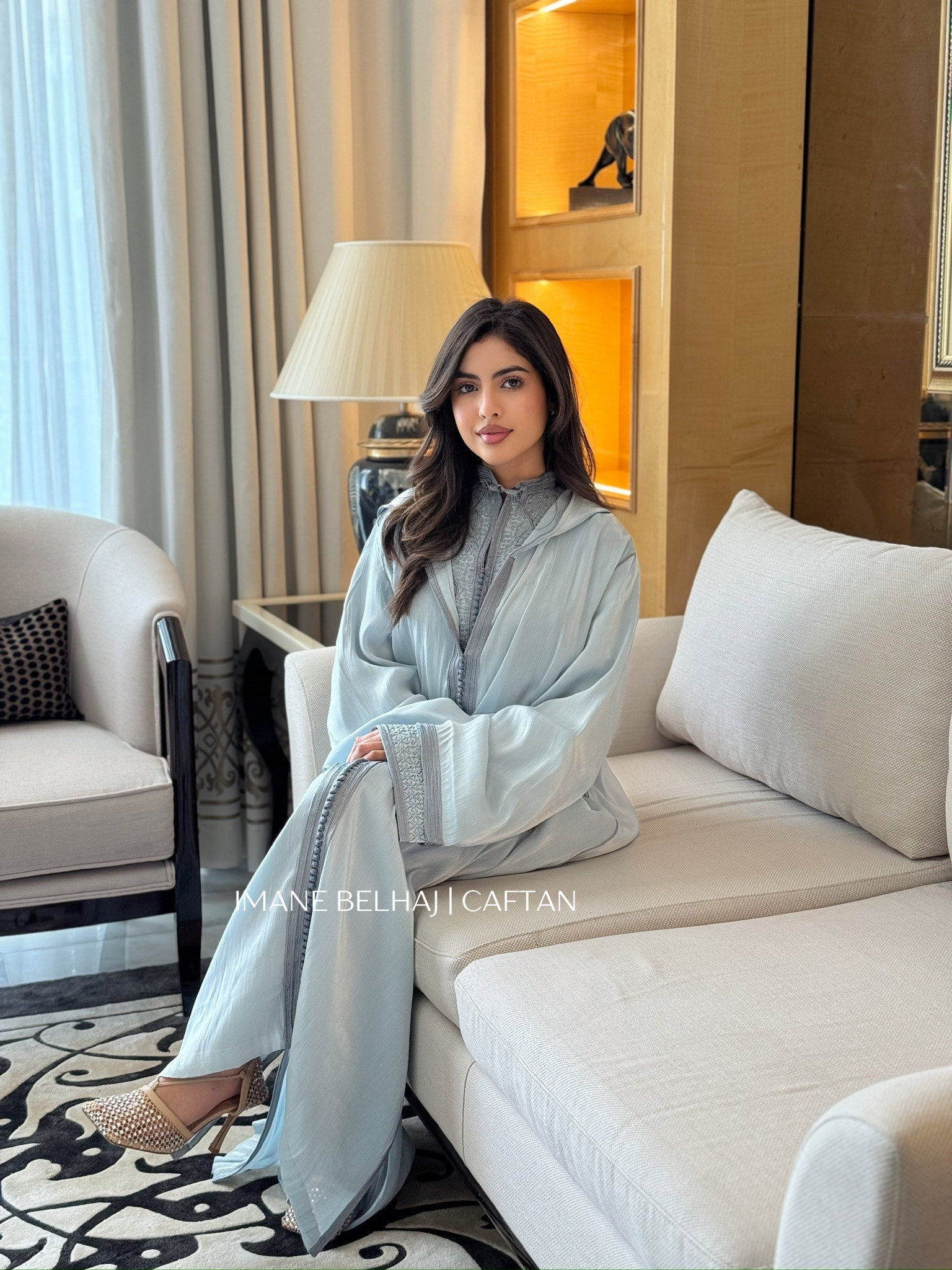 Luxury Moroccan caftan jellaba modest ramadan eid outfit sitting