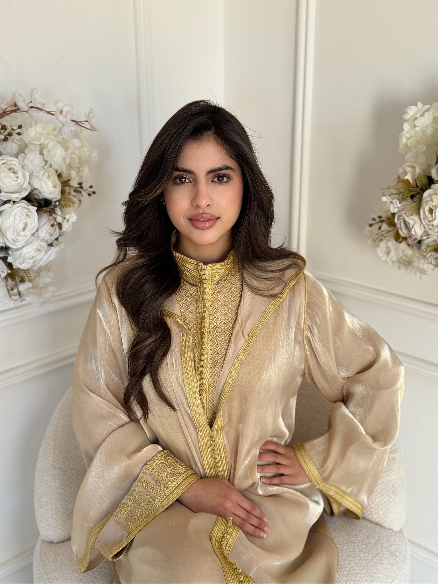 Elegant Moroccan jellaba for women in beige, modest Ramadan outfit