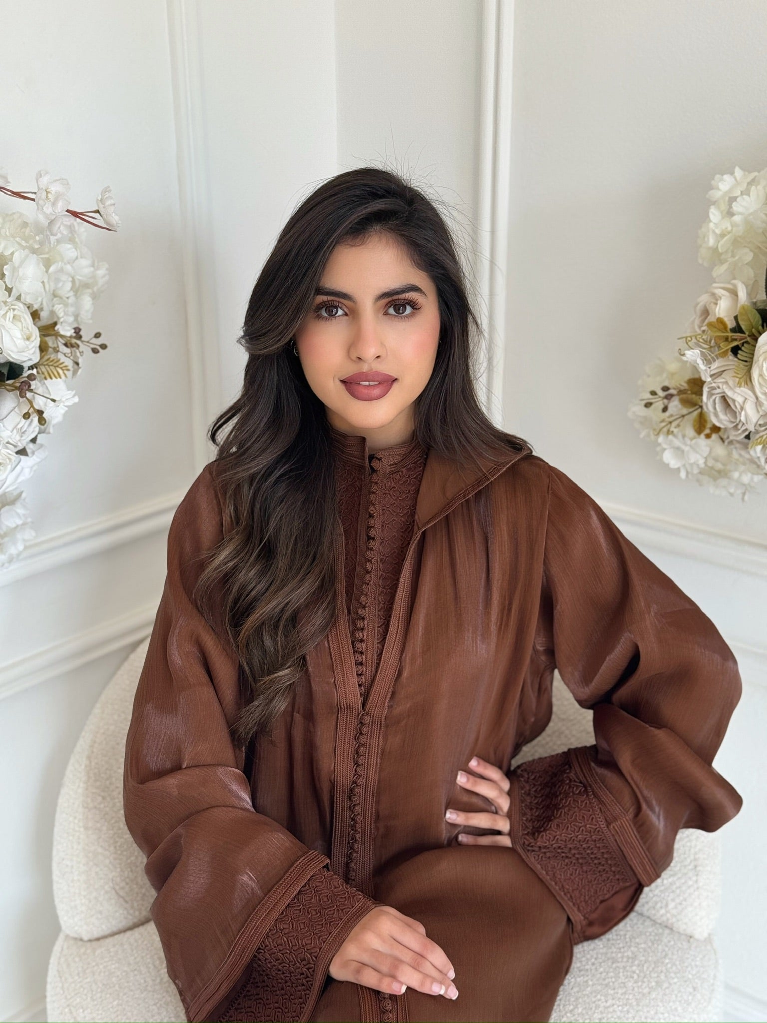 “Full-length brown Jellaba Amaani caftan, modest luxury Ramadan and Eid dress