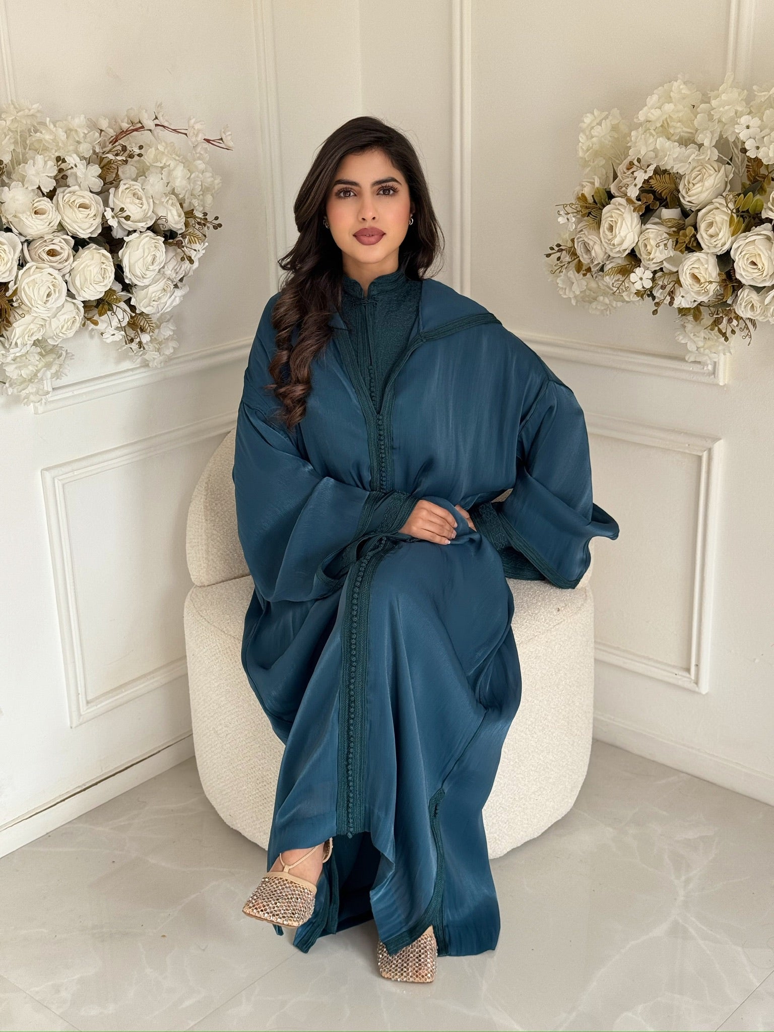 “Jellaba Faraah luxury traditional kaftan in deep teal, front view, styled for Ramadan and evening wear.”
