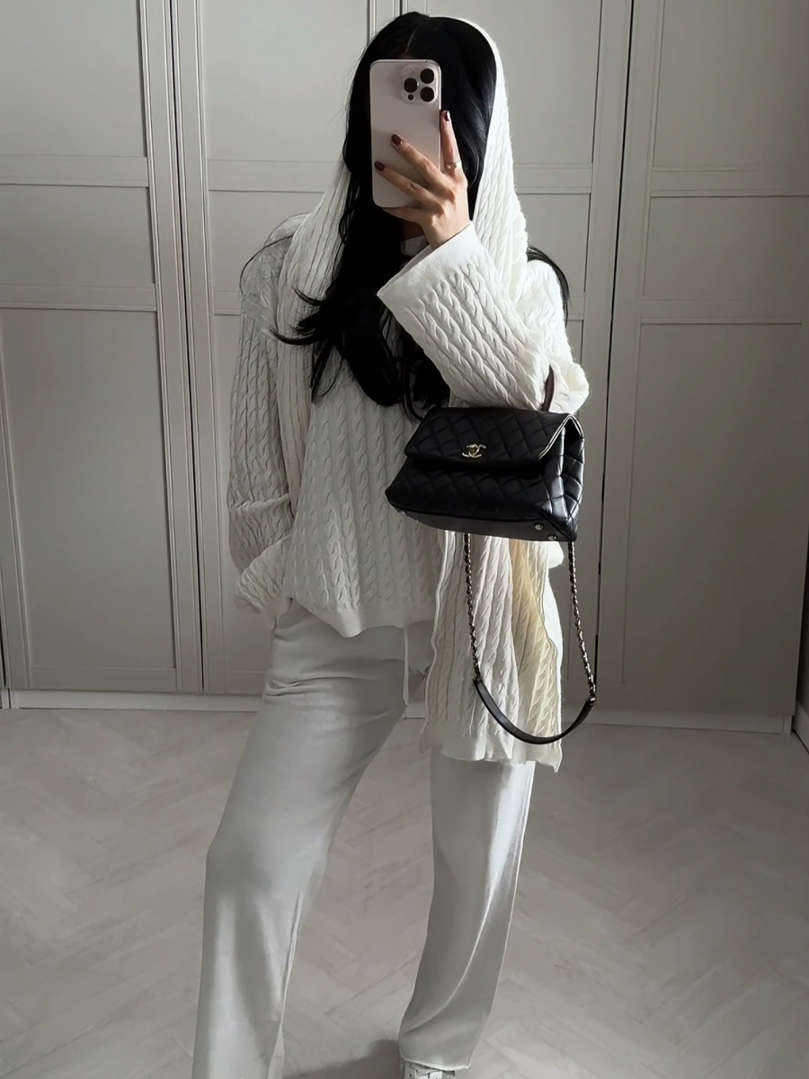 Side view of Mila 3-piece wool outfit with relaxed fit