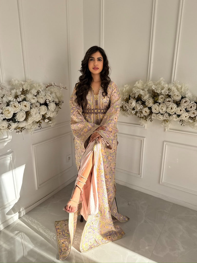 Elegant Moroccan Takchita Lilah – pastel organza gown with golden embroidery