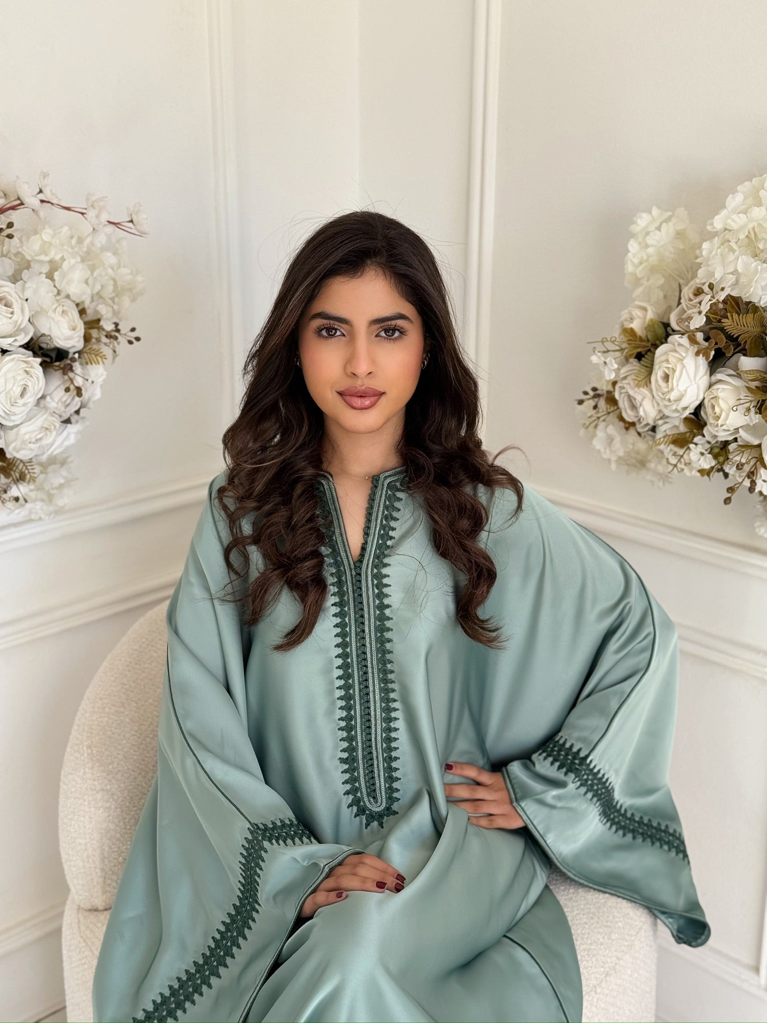 Moroccan Gandoura Maytha in soft green for Ramadan