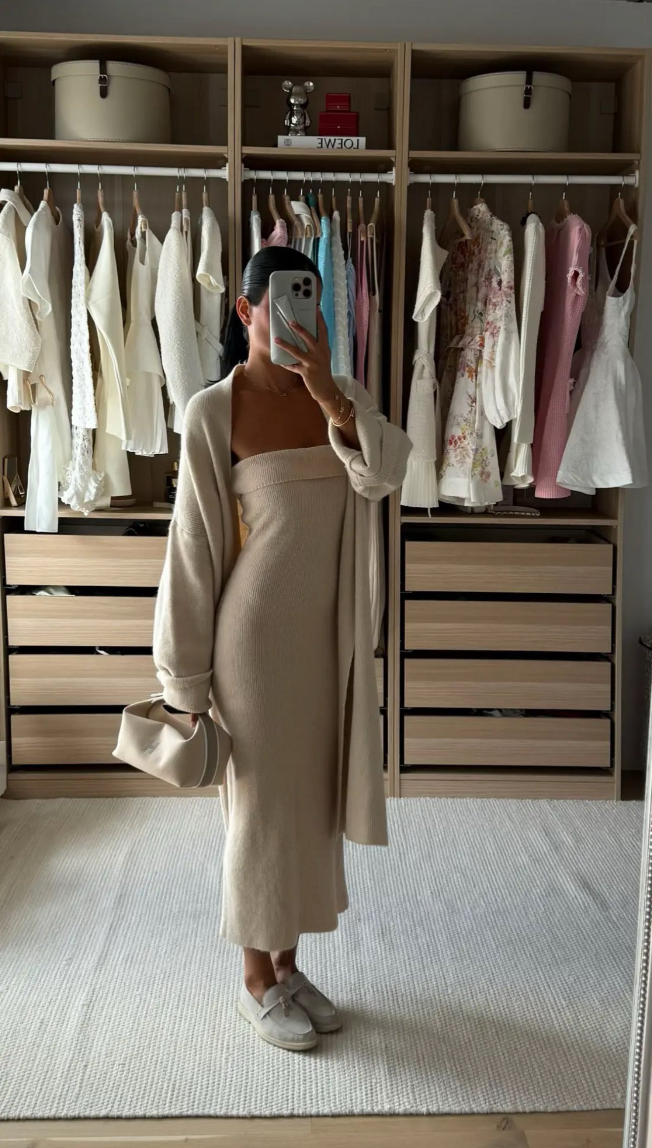 Elegant beige knitted two-piece dress set with strapless maxi dress and oversized knit cardigan for a refined look