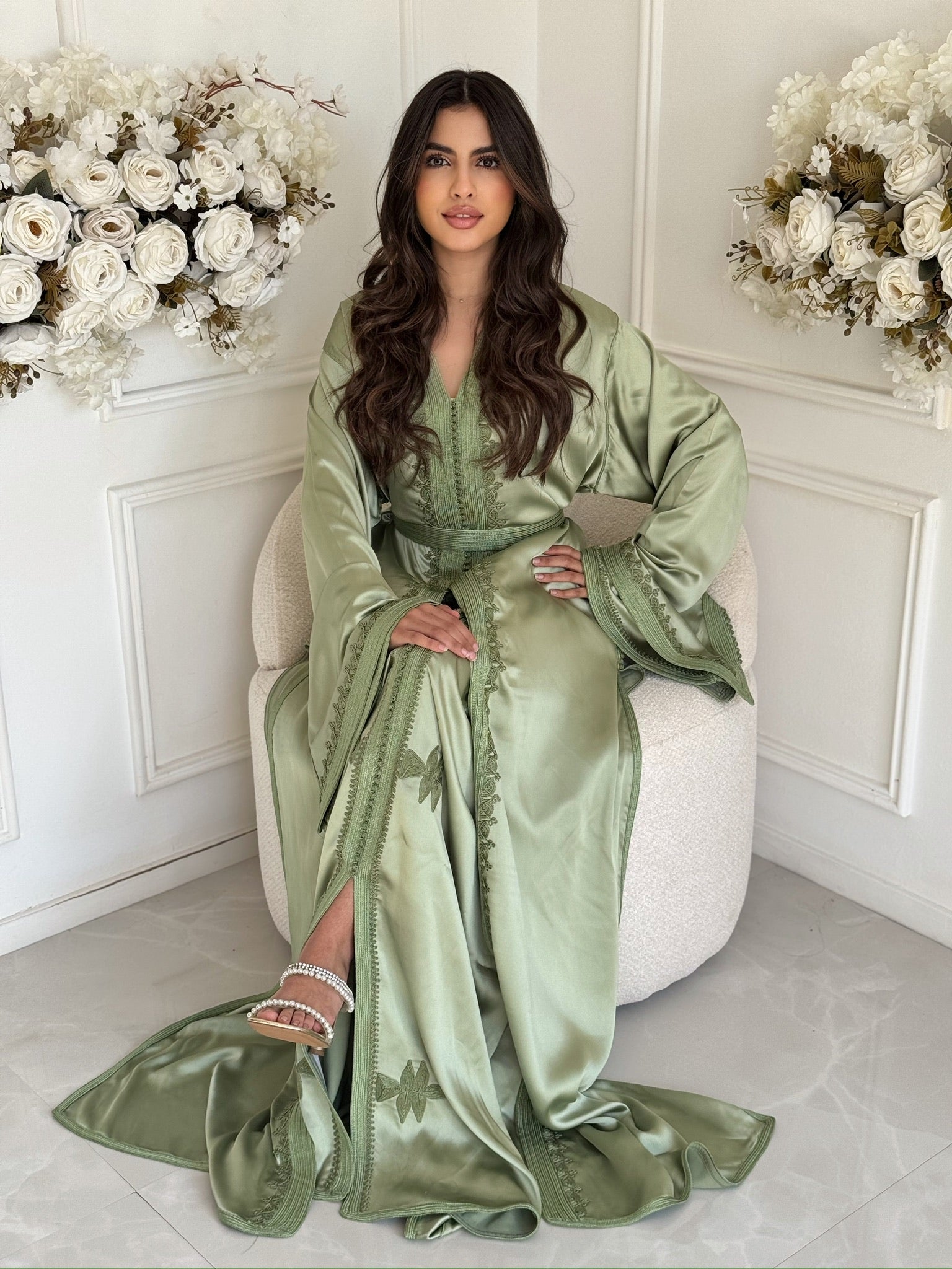 Green Moroccan Takchita Mila worn for a special occasion