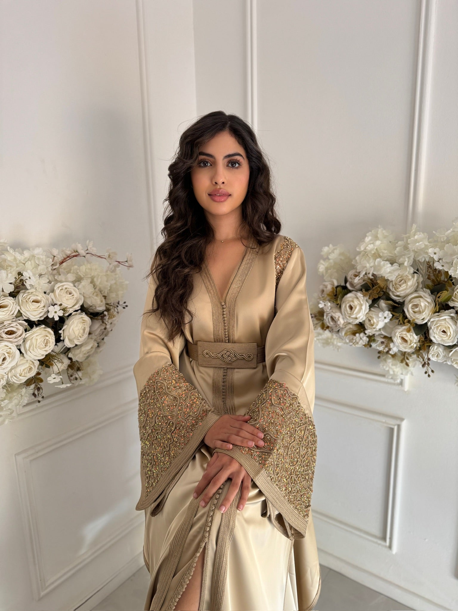 Elegant gold drap de soie Moroccan takchita for weddings and events