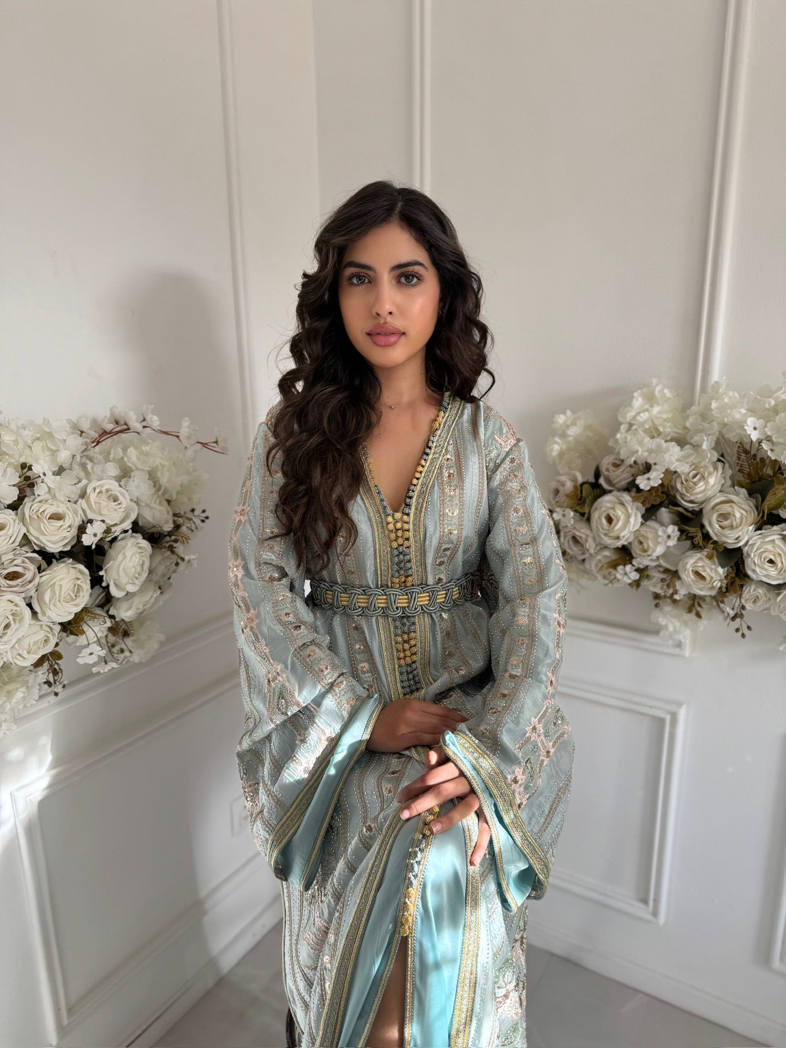 Takchita Haneena – luxury Moroccan caftan dress in mint and gold organza