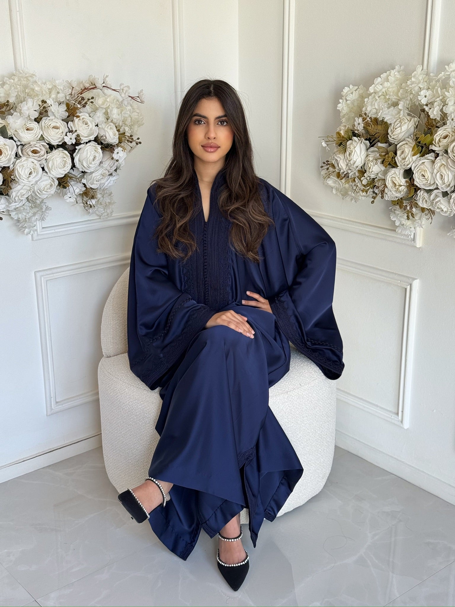 Full-length navy blue Moroccan gandoura with flowy fit and elegant details