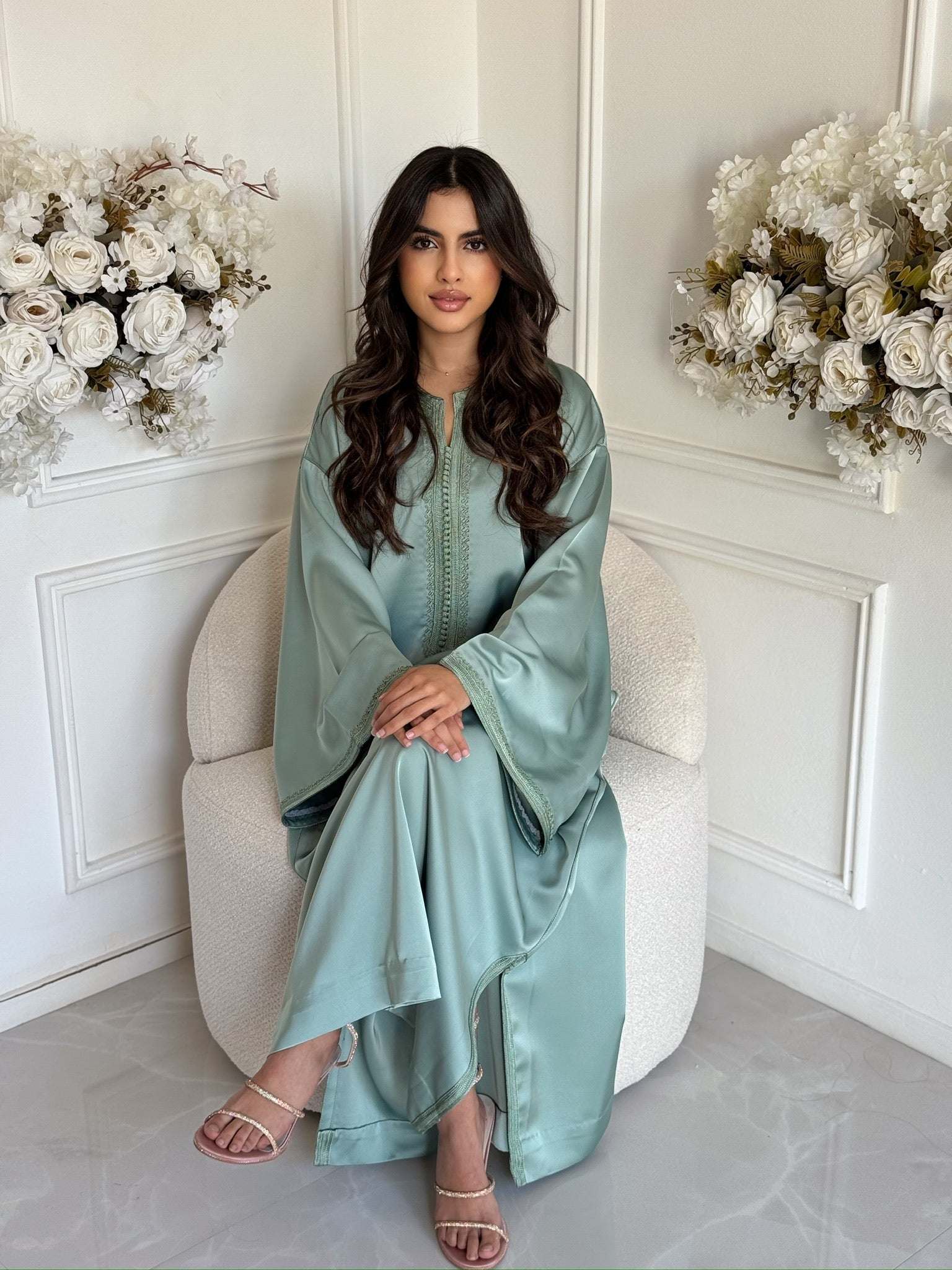 Full view of mint green Moroccan gandoura with comfortable flowing design