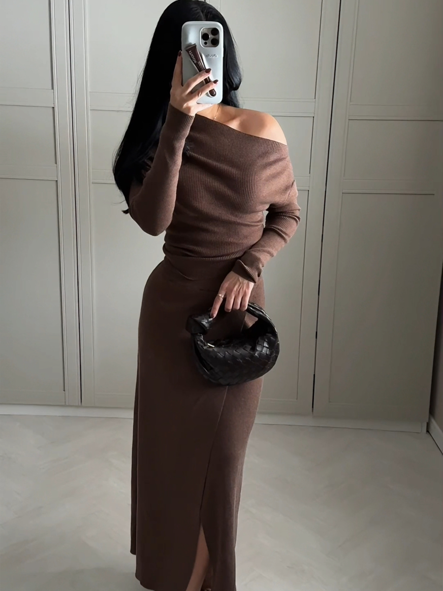 Side view of Roza off-shoulder evening dress highlighting neckline